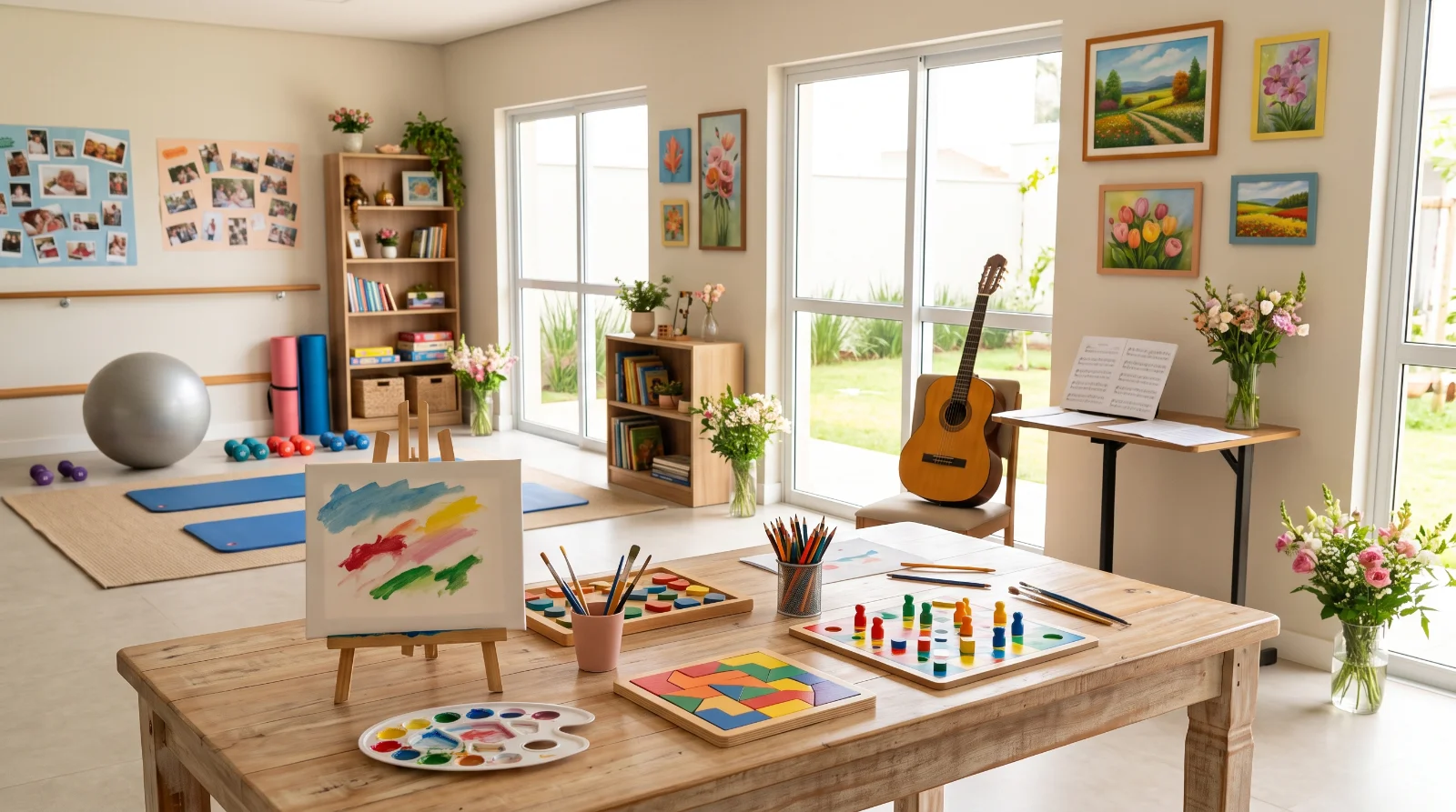 Imagem mostrando violão, tele de pintura, bola de pilates, flores... Ambiente iluminado e amplo.